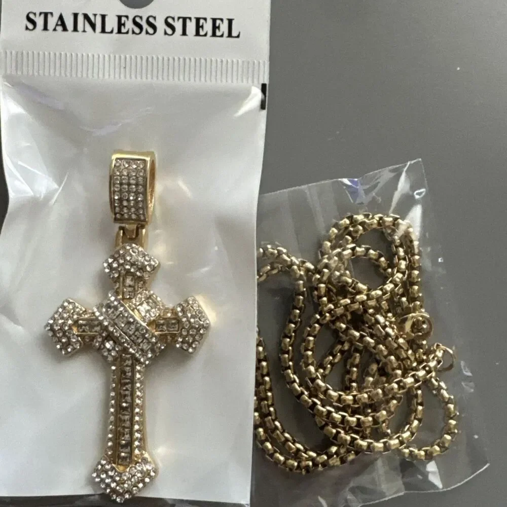 Cross Pendant Cubic Zirconia Jesus 24” Chain Gold Plated Religious Faith Gift